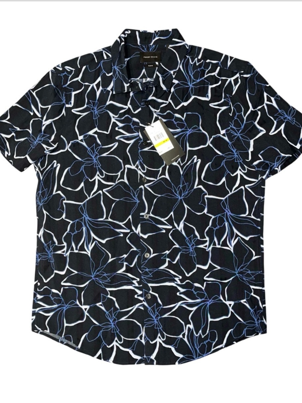 Perry Ellis Slim Fit Short Sleeve Button Up Collar Shirt Blue NWT Medium Floral